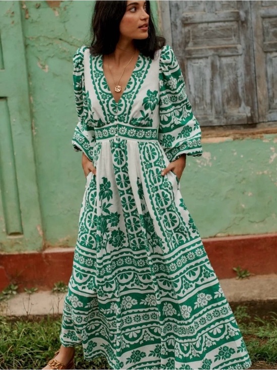 Boden Dresses & Skirts - Womens Boden Green Lola Blouson Maxi Dress Puff sleeves size 4
